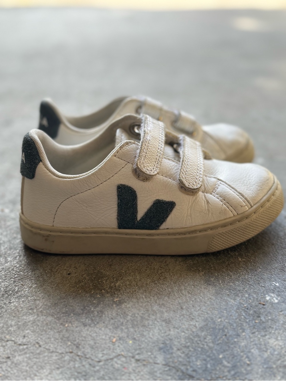Veja Kids White Leather Sneakers with Dark Green 'V'